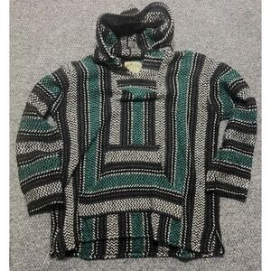 Baja Joe Men's XL Black/Green/White Striped Knit Pullover Hoodie Hooded Pockets